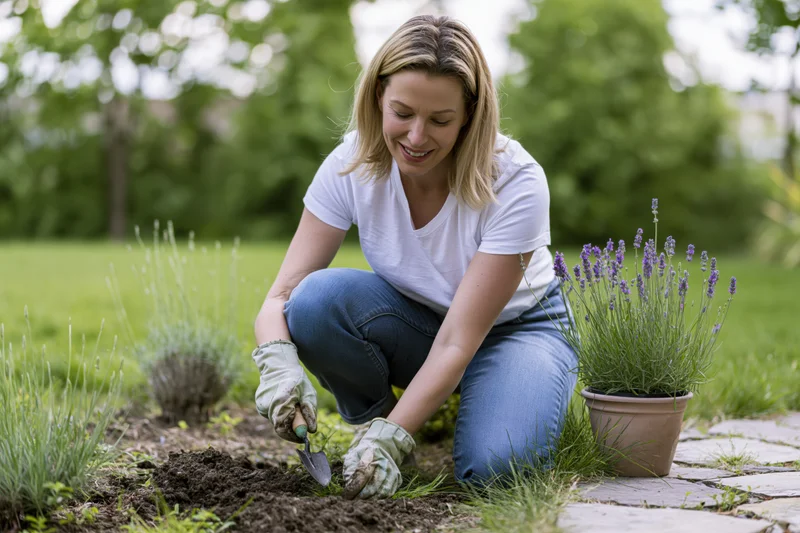 Woman planting lavender in a backyard garden with trowel and gloves