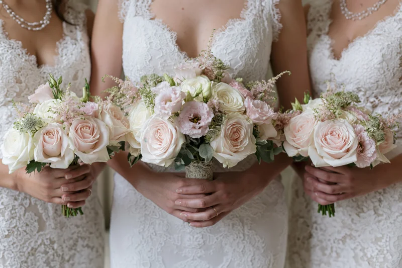 Bride and bridesmaids holding pastel floral bouquets in lace dresses