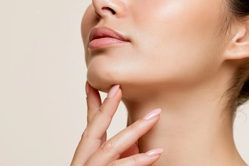 Woman touching her jawline and neck with hand, close-up beauty shot