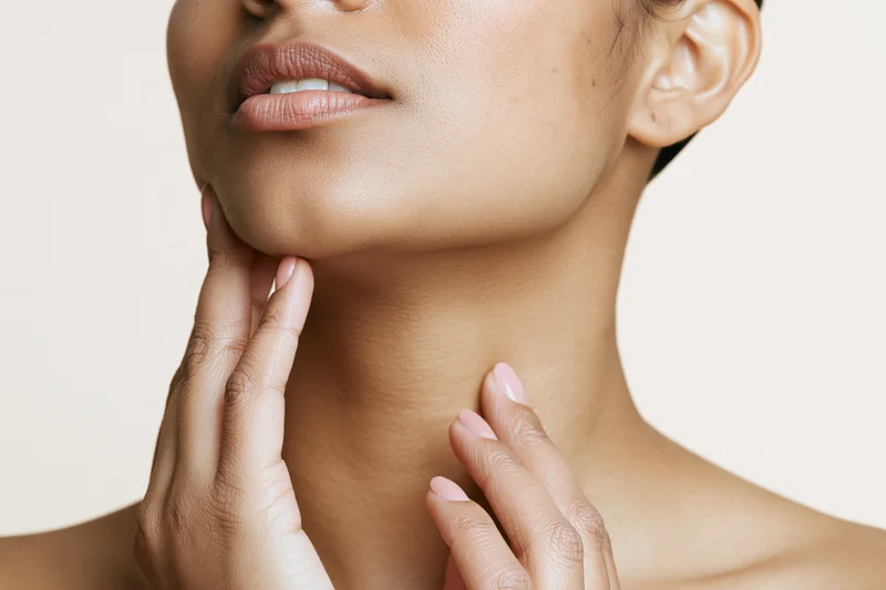 Woman touching her neck and jawline with hands, close-up view of smooth skin