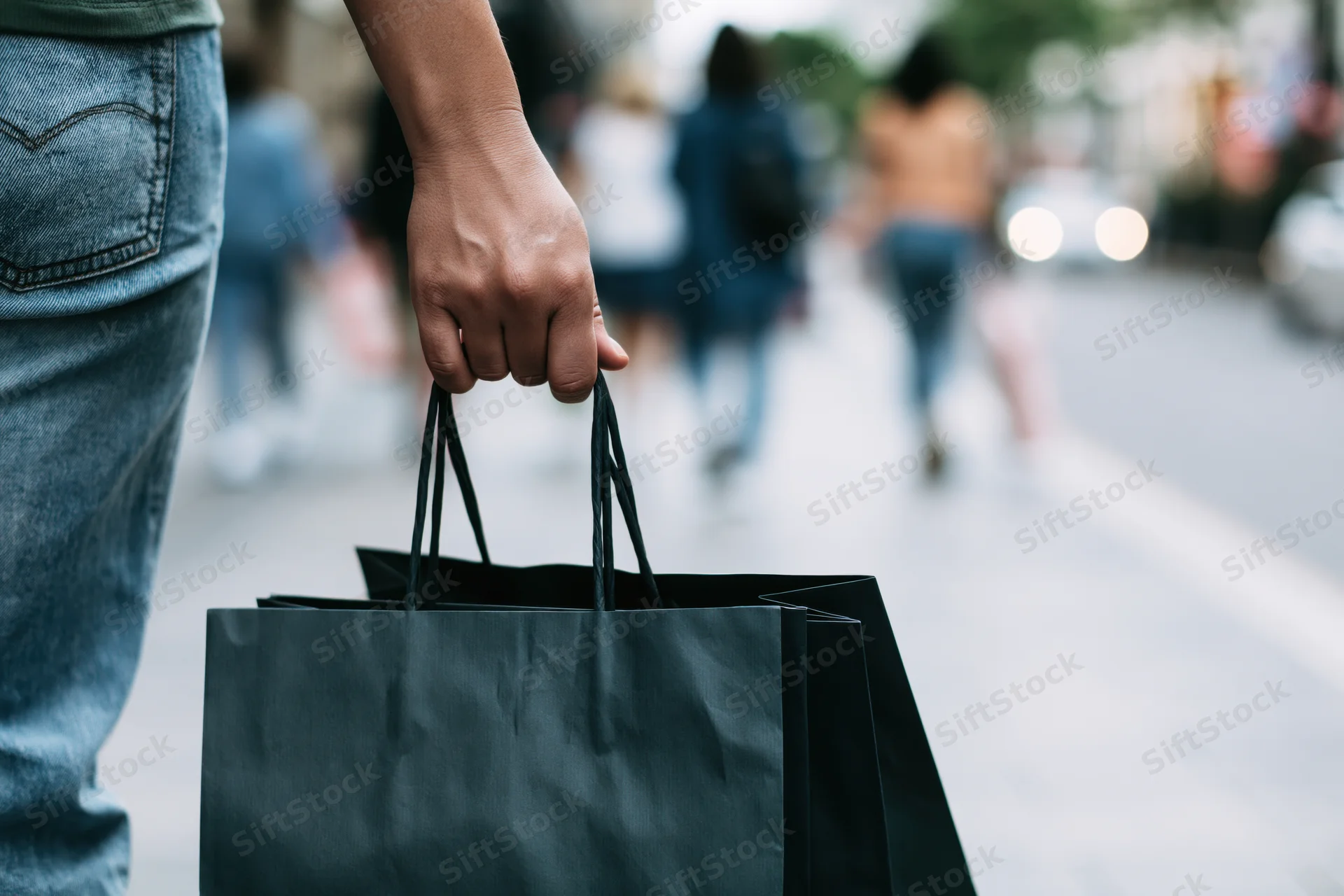Woman's hand holding black paper shopping bags on city sidewalk