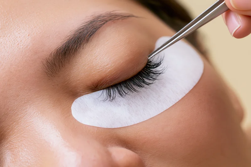 Young woman receiving eyelash extension treatment with tweezers and protective pad on eye
