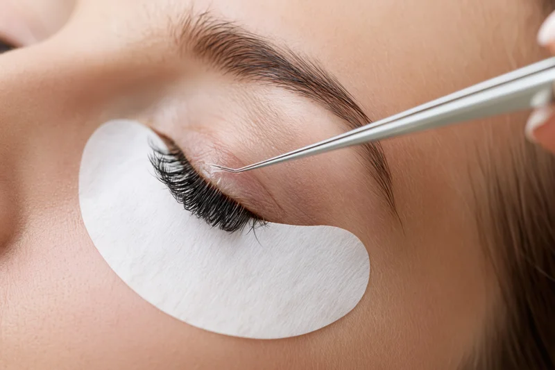 Close-up of a young woman receiving eyelash extension treatment with tweezers and a white pad under her eye in a beauty salon