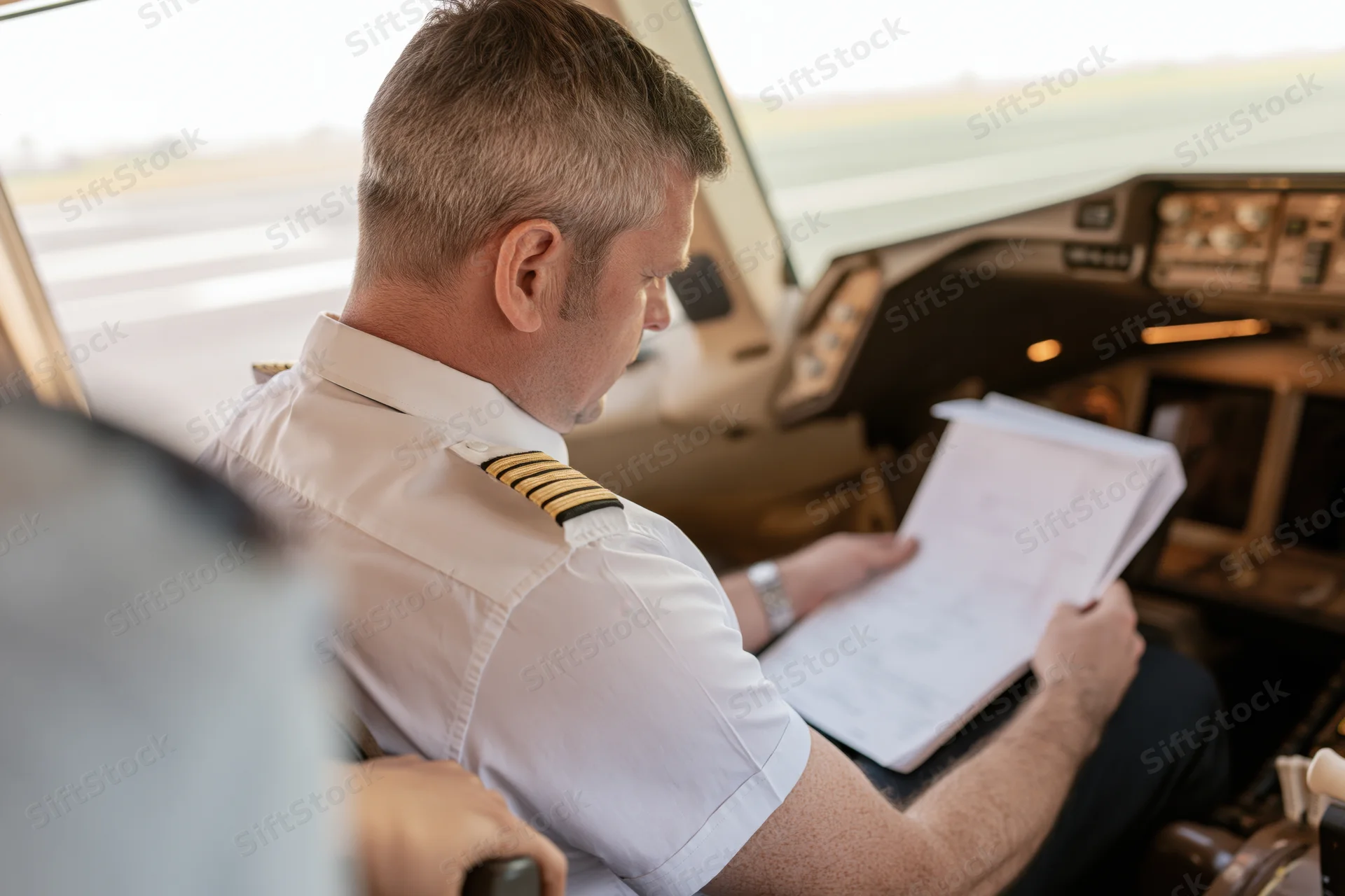 Pilot reviewing flight document in cockpit