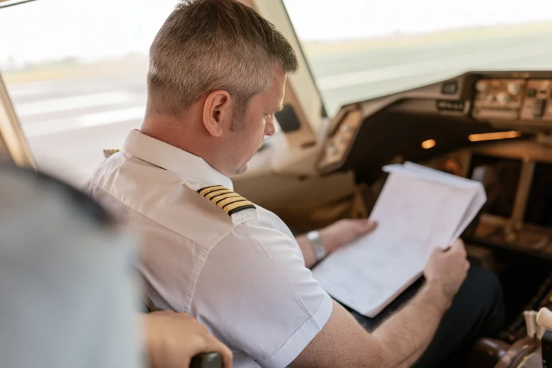 Pilot reviewing flight document in cockpit