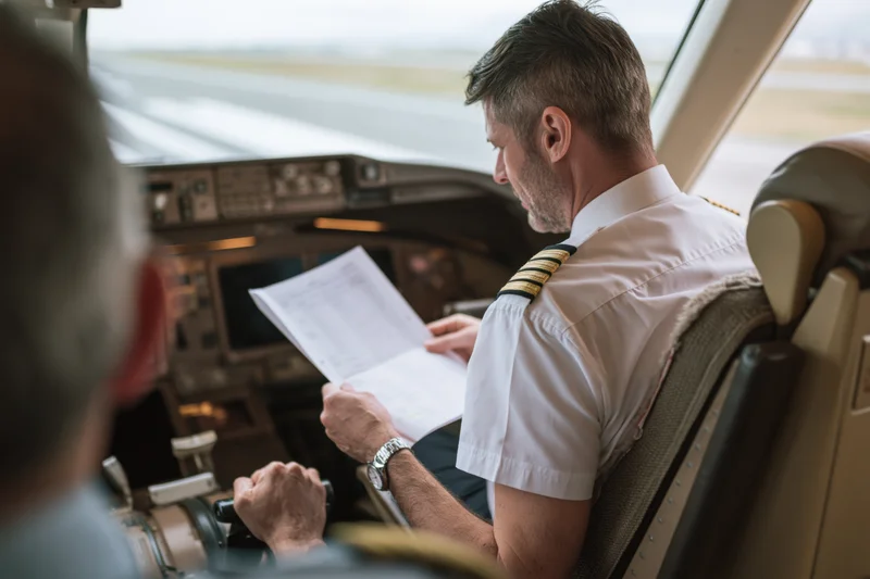 Pilot reviewing flight document in aircraft cockpit
