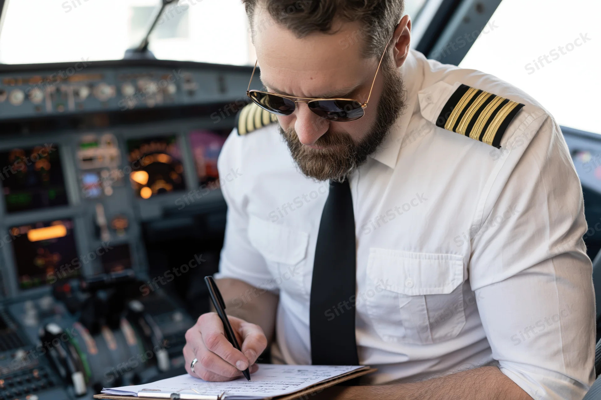 Pilot writing in logbook inside cockpit