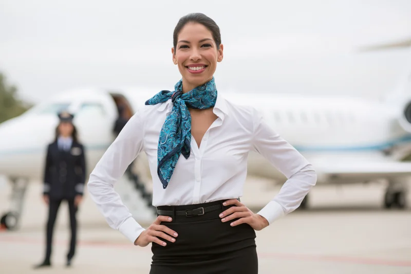 Flight attendant smiling with hands on hips on airport tarmac near airplane