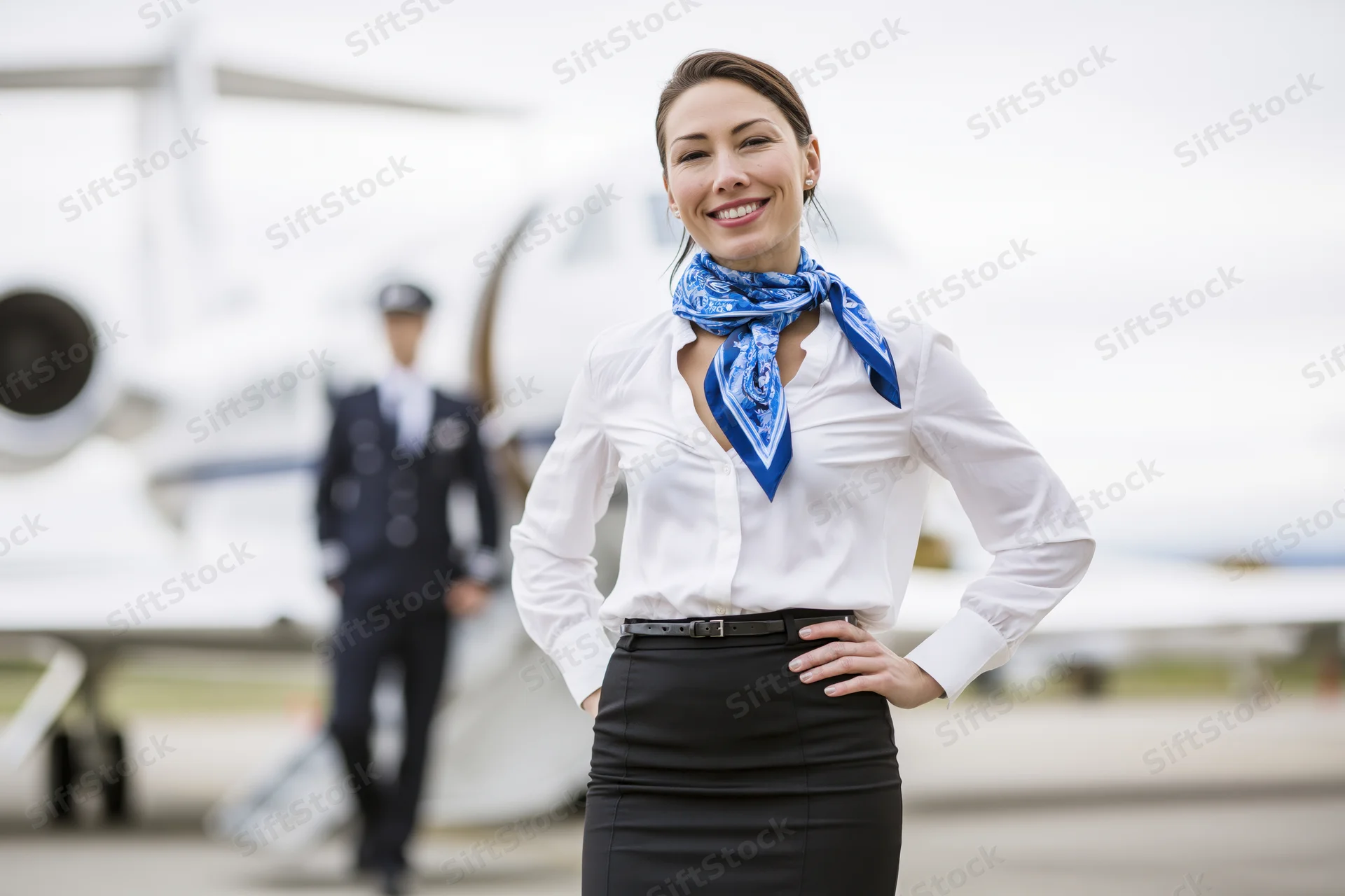 Flight attendant smiling with hand on hip in front of airplane on tarmac