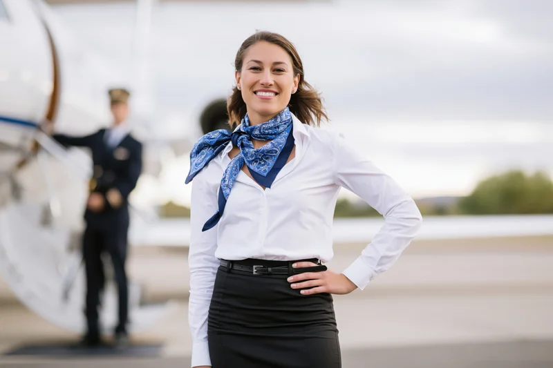 Flight attendant smiling with hand on hip on airport tarmac near airplane