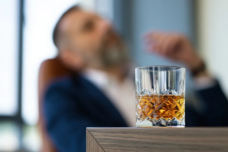 Crystal tumbler of whiskey on wooden desk with blurred businessman in background
