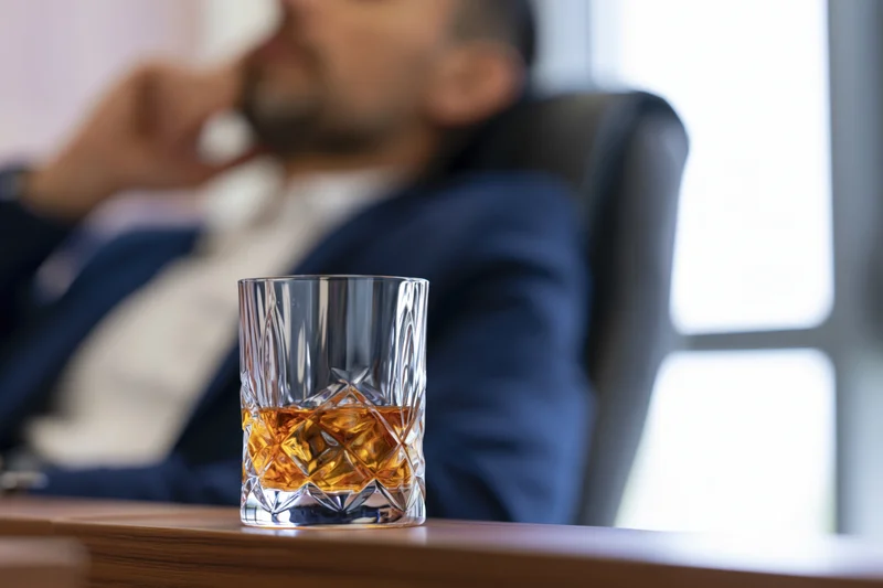 Crystal tumbler of whiskey on wooden desk with blurred businessman in office chair