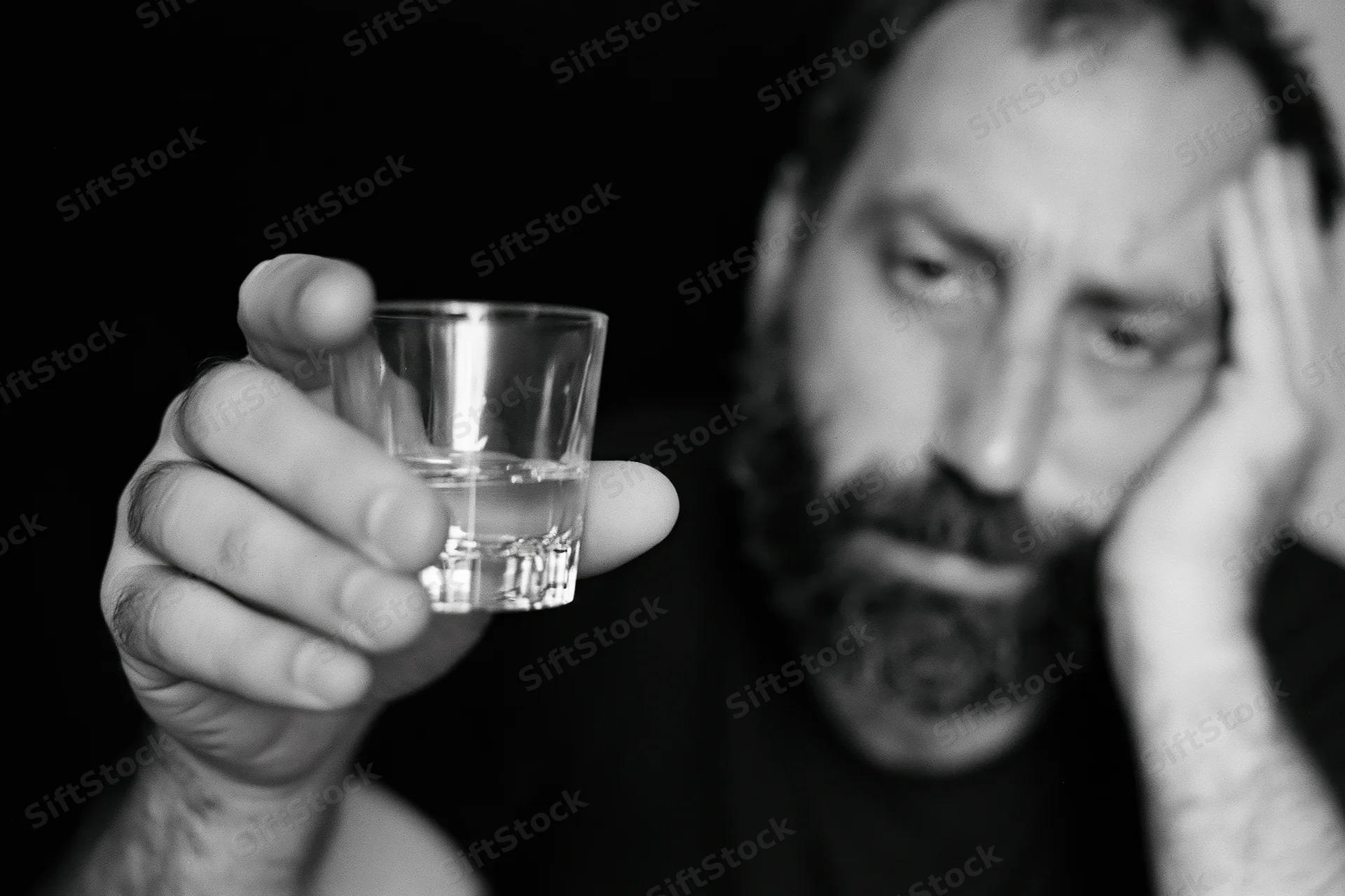 Distressed bearded man holding a shot glass of clear liquid, hand on head, in shadowed closeup