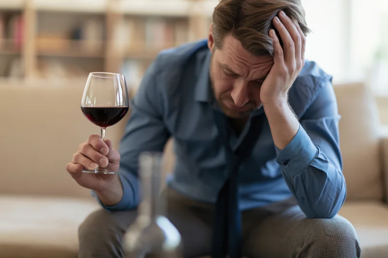 Distressed man holding wine glass while resting head in hand on couch