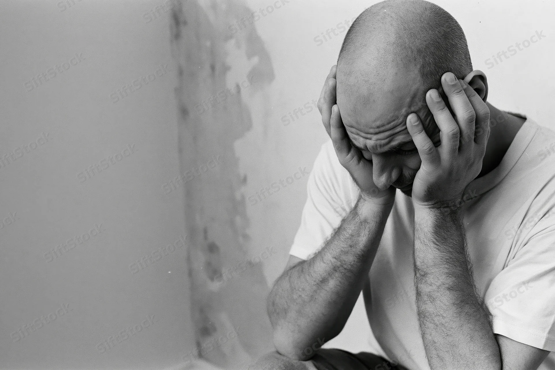 Distressed man sitting against a wall with hands on his head in a dimly lit corner