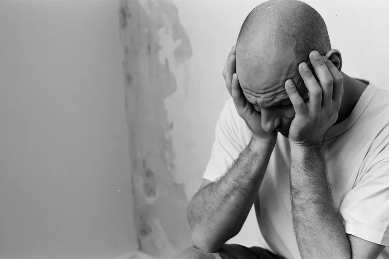 Distressed man sitting against a wall with hands on his head in a dimly lit corner