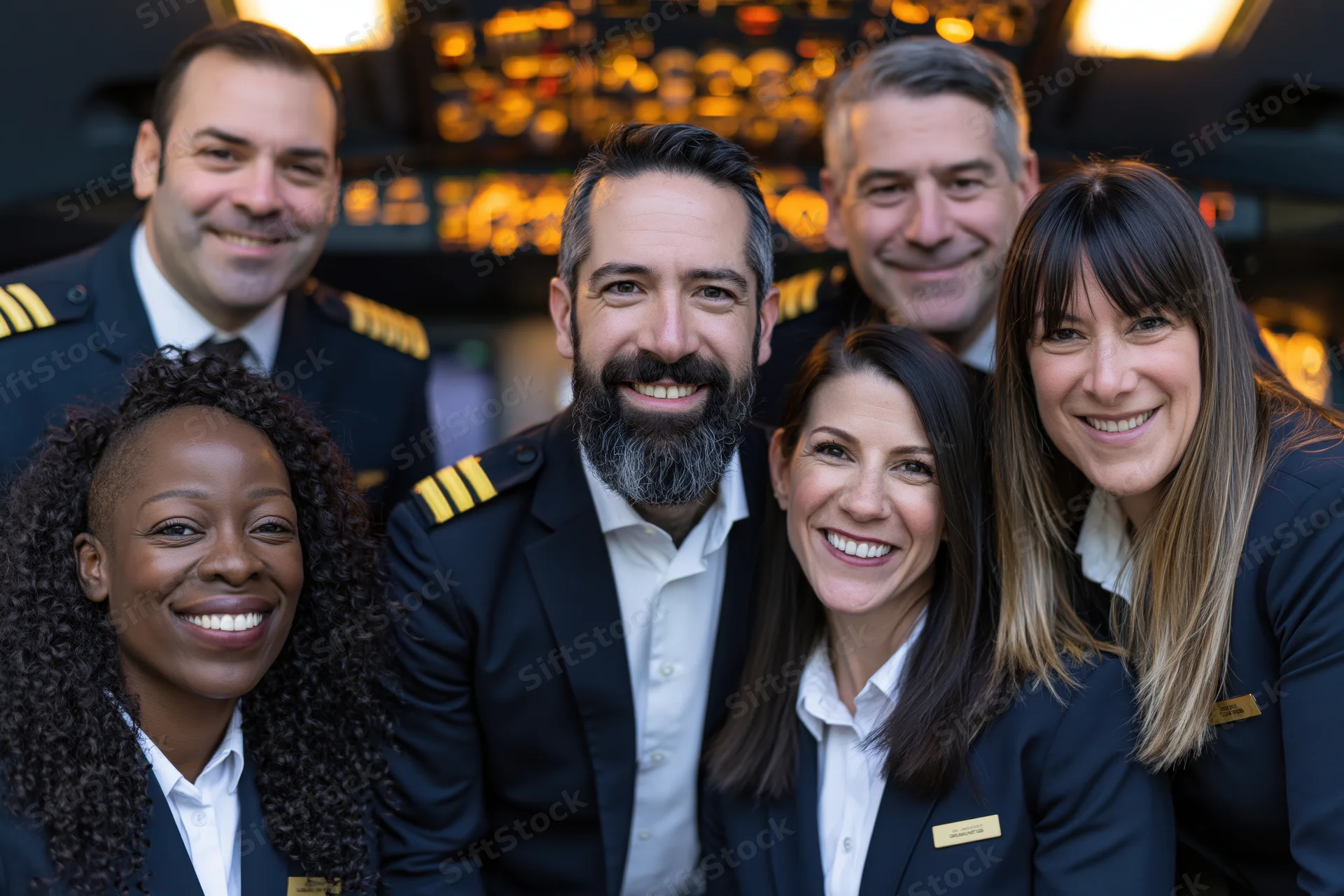 Diverse airline crew posing together inside aircraft cockpit smiling at camera