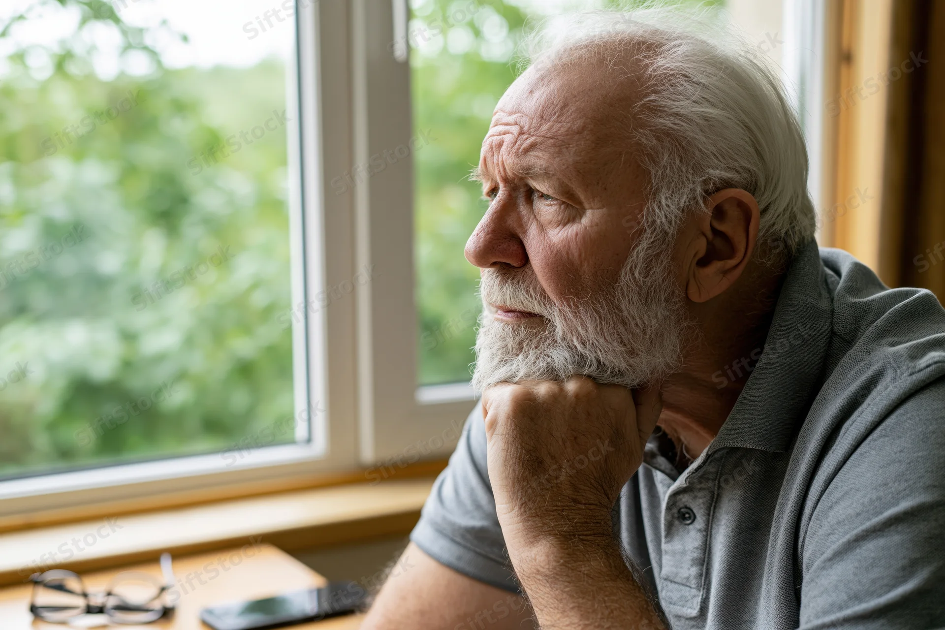 Elderly man with white hair and grey beard sitting at wooden desk by window, hand on chin, looking out thoughtfully
