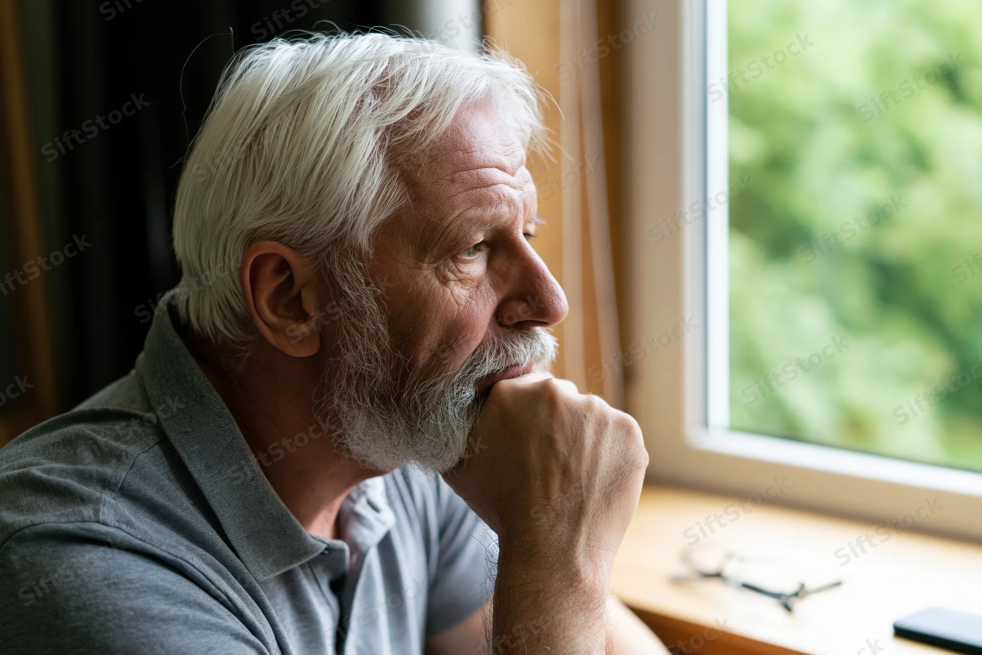 Elderly man with white hair and grey beard sitting by window, hand on chin, gazing outside in quiet contemplation