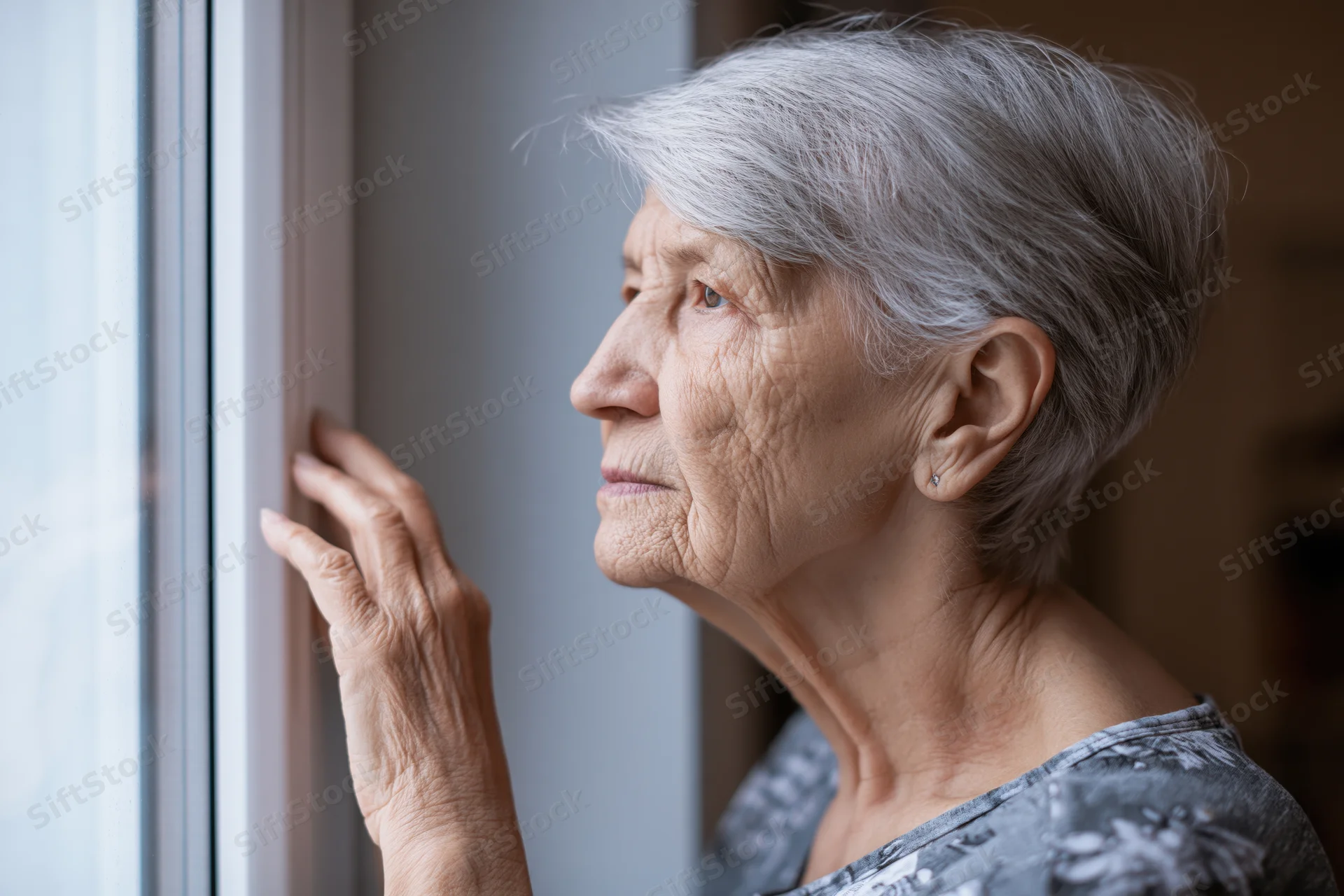 Elderly woman with short gray hair looking out window, hand resting on glass, indoors