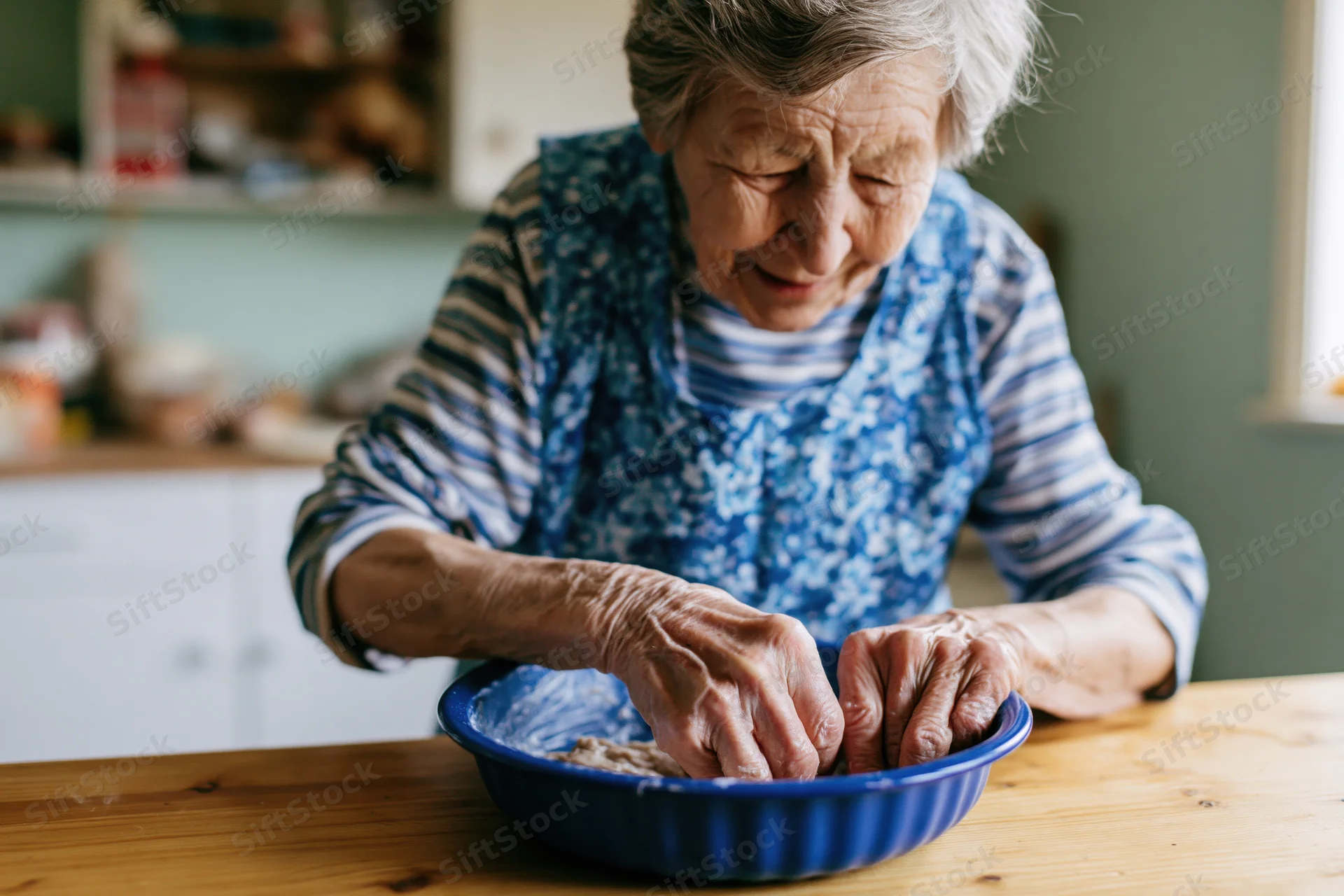 Elderly woman mixing dough in a blue bowl on a wooden kitchen table