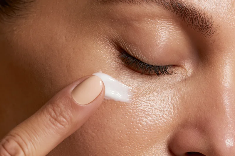Woman applying cream to her eyelid with finger, close-up view