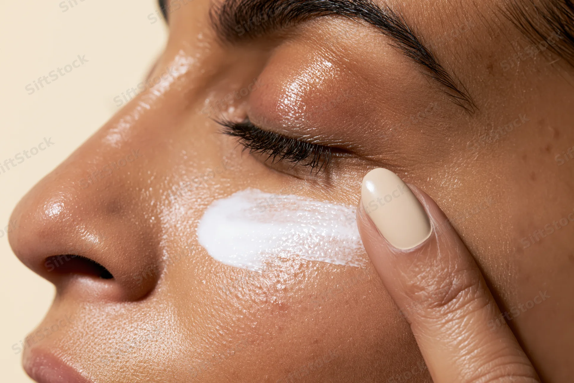 Woman applying cream under her eye with finger in closeup view