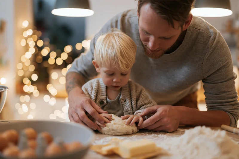 Father and young blonde toddler son kneading dough together on a kitchen countertop during christmas baking