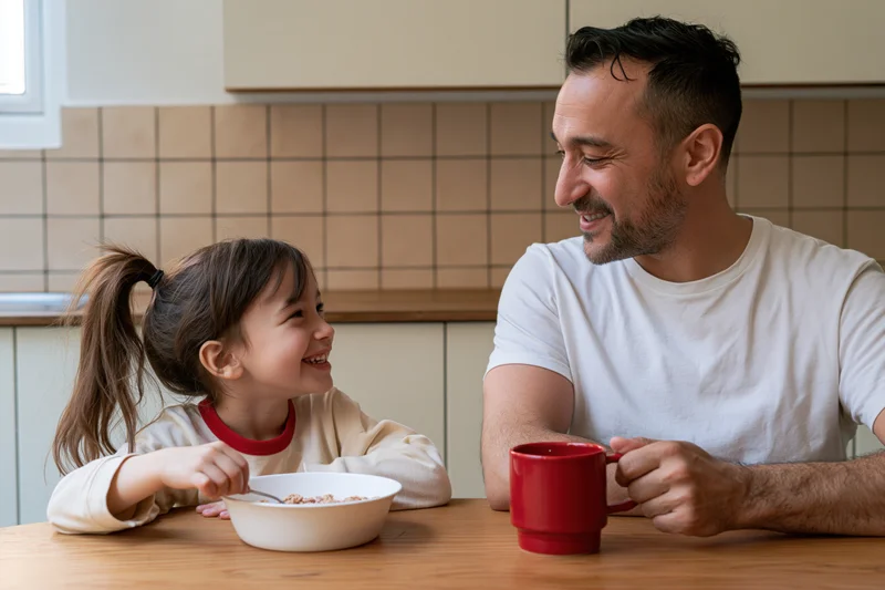 Father and daughter smiling at each other while eating breakfast at kitchen table