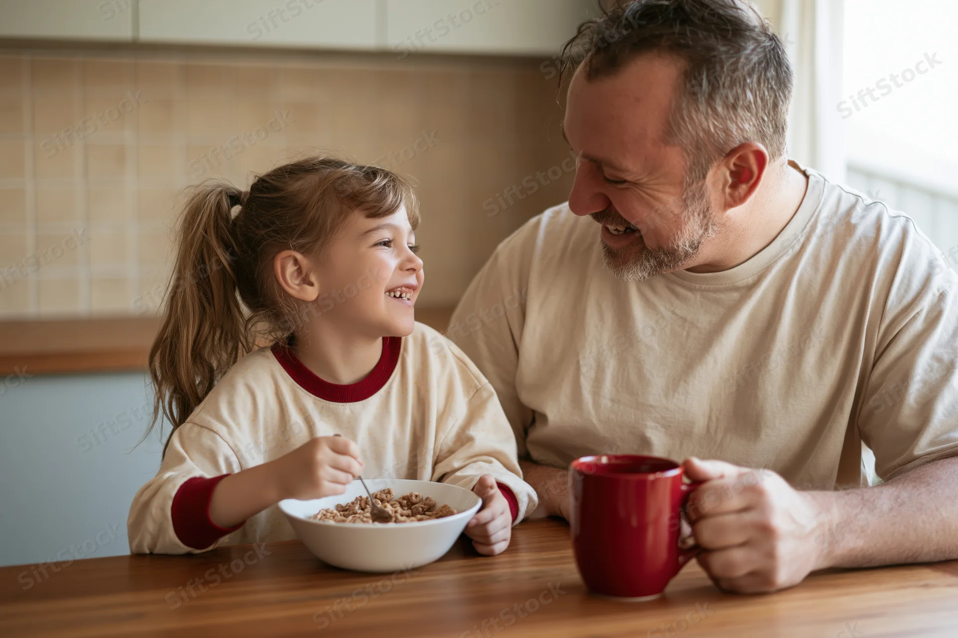 Father and daughter smiling at each other while eating cereal at kitchen table