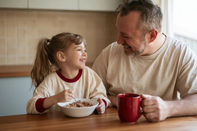 Father and daughter smiling at each other while eating cereal at kitchen table