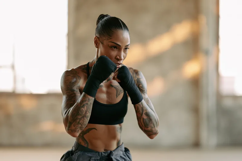 Tattooed woman in boxing stance with fists raised guarding her face in an industrial gym