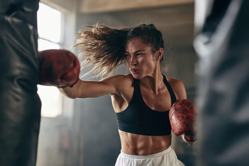 Woman boxer mid-punch striking a heavy black punching bag in a gym