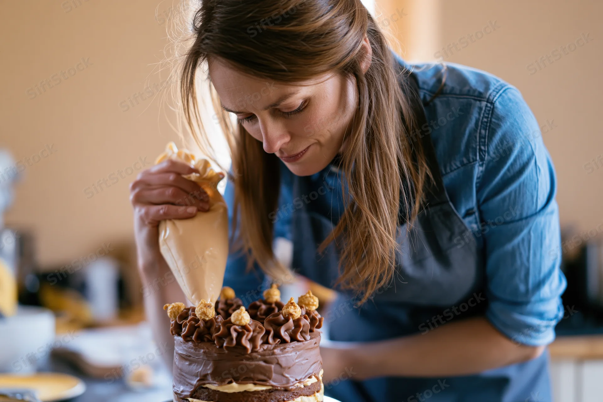 Woman decorating a layered chocolate caramel cake with a piping bag in a kitchen