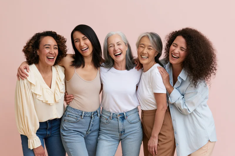 Five women of different ages and ethnicities laughing together in casual clothing against a pink studio background