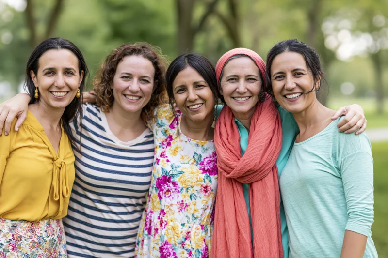 Five women smiling together in a park, arms around each other, wearing colorful casual clothes