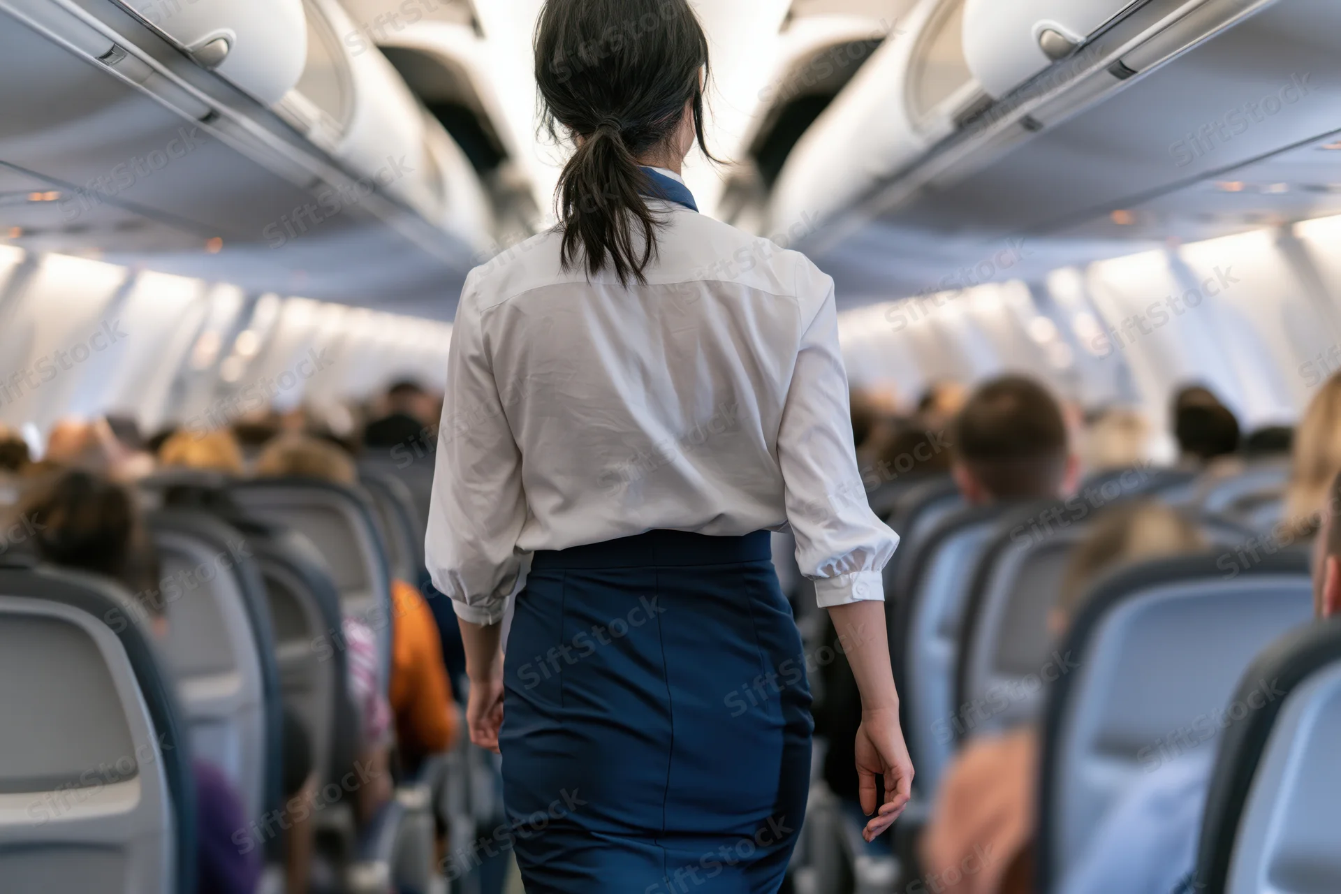 Flight attendant walking down the airplane aisle between rows of seated passengers