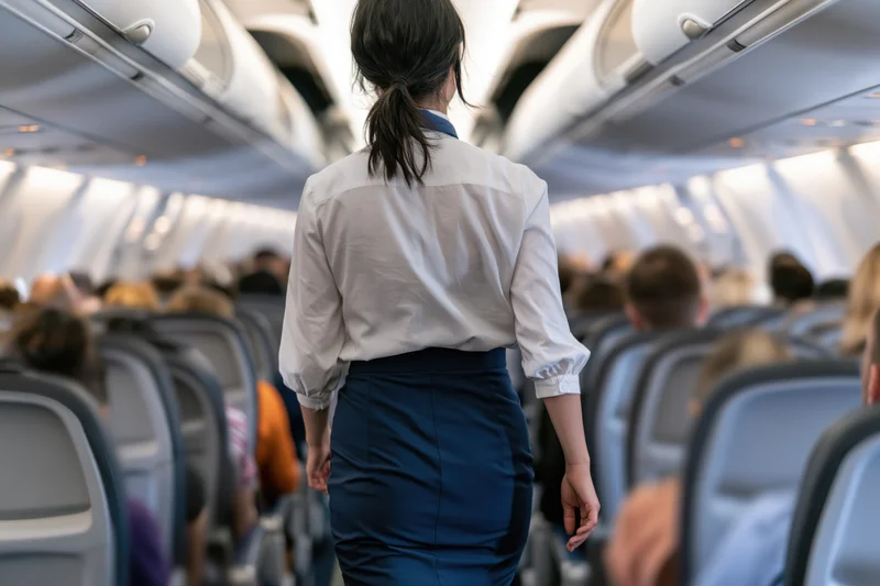 Flight attendant walking down the airplane aisle between rows of seated passengers