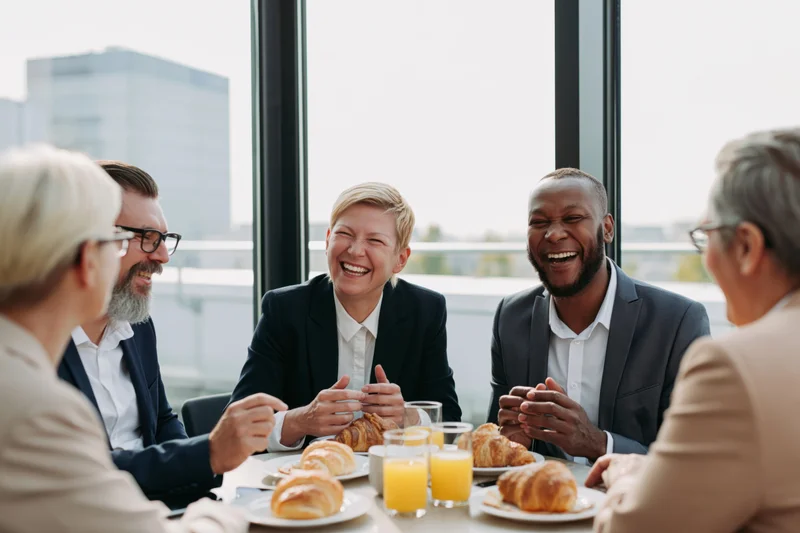 Business colleagues laughing and sharing breakfast at a table in an office with city view