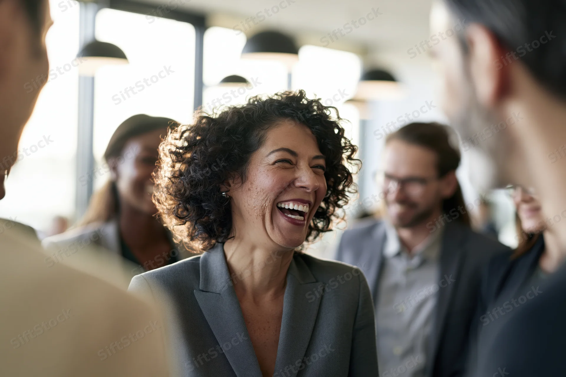 Woman laughing with coworkers in an office setting