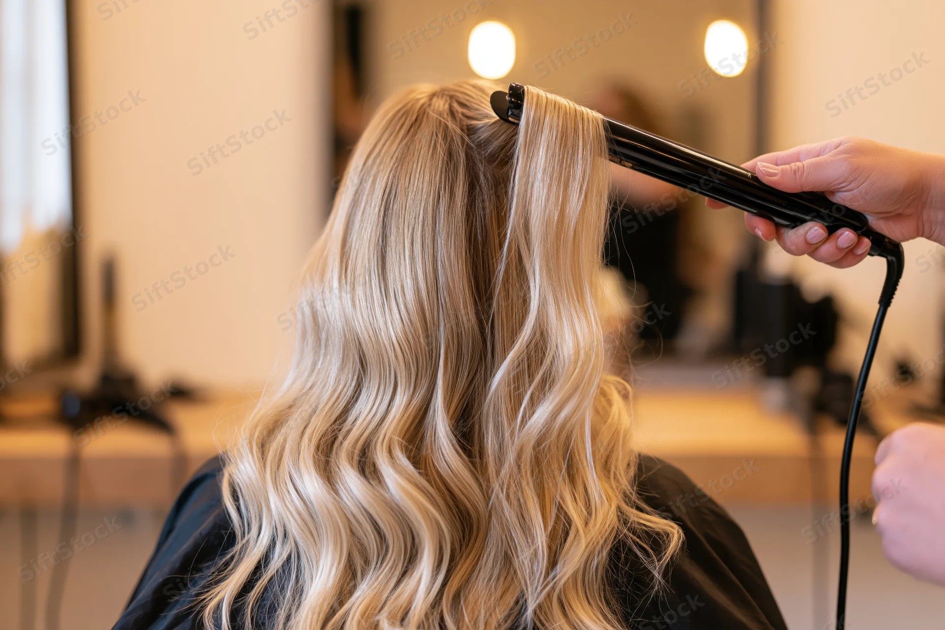 Woman with long blonde hair being curled by a stylist in a salon