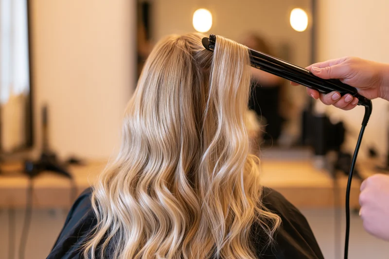 Woman with long blonde hair being curled by a stylist in a salon