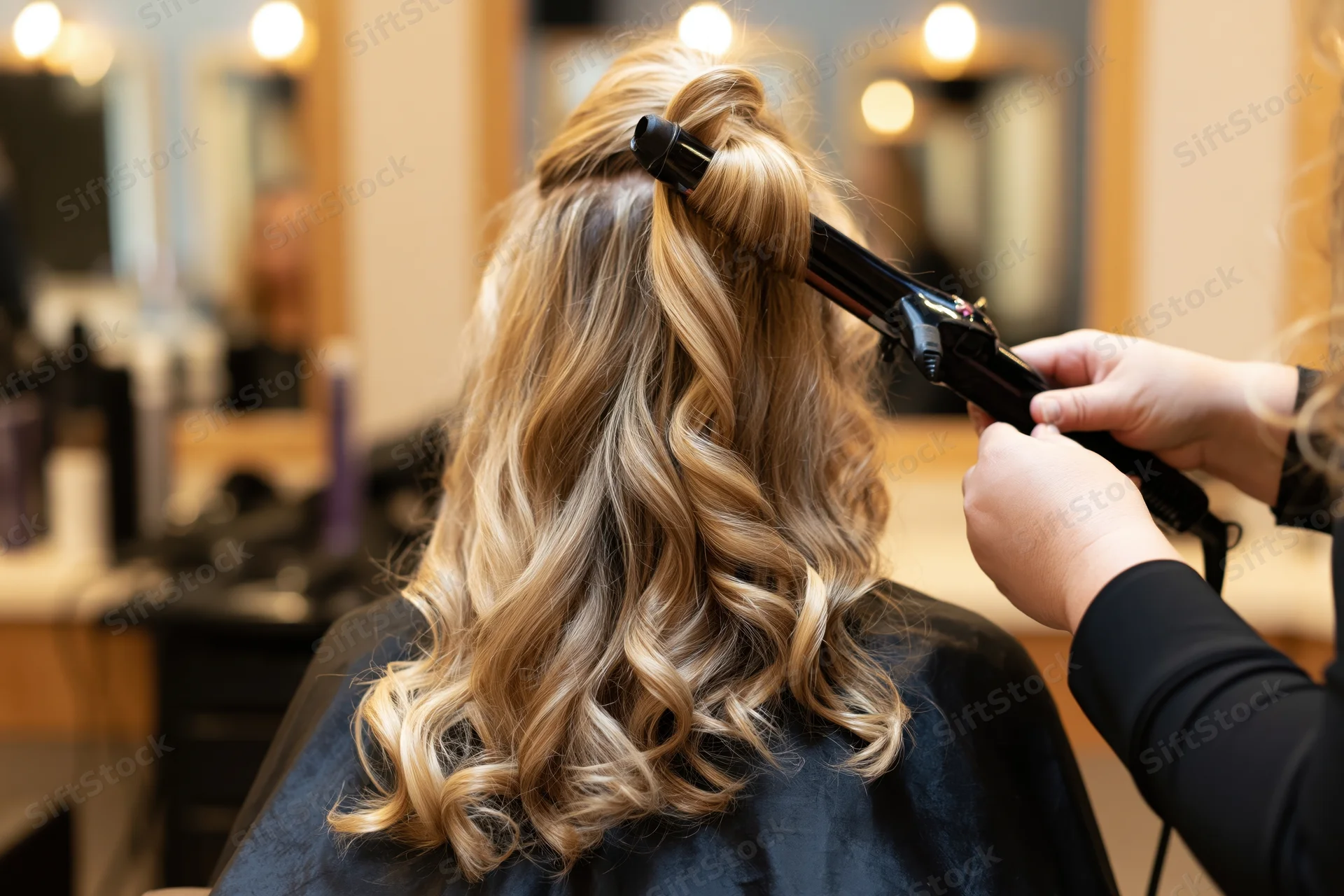 Hairstylist curling long blonde hair with flat iron in salon