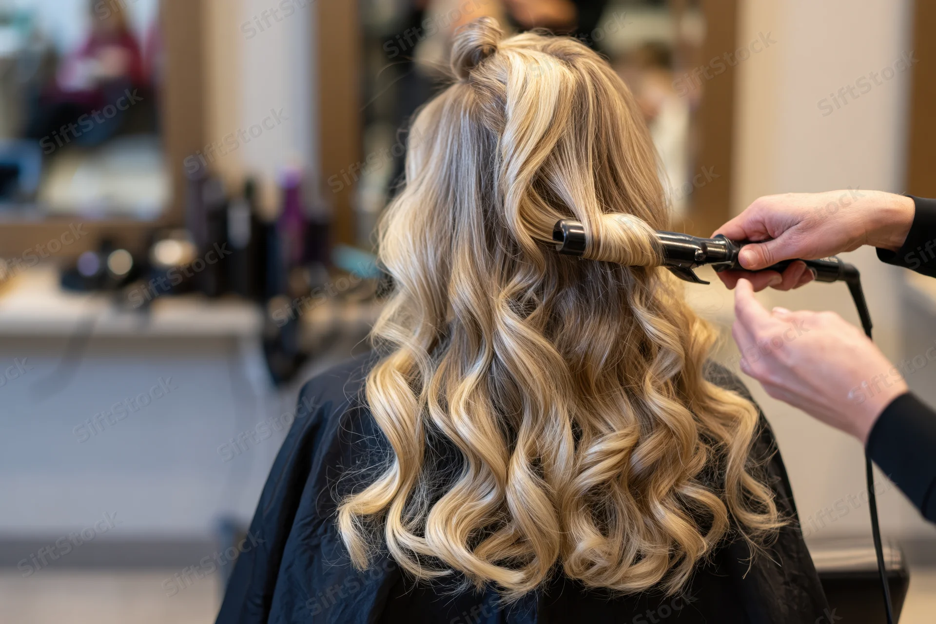 Hairstylist curling blonde hair with a flat iron in a salon