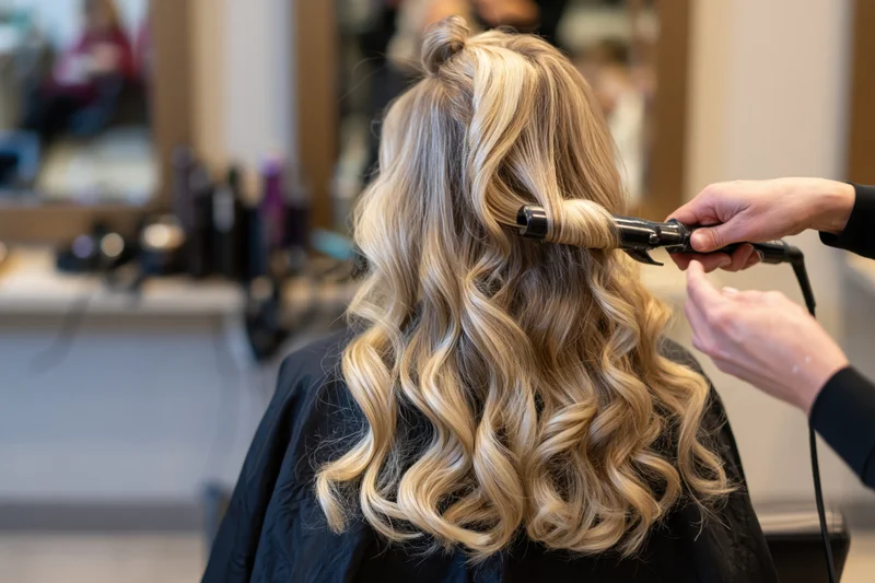 Hairstylist curling blonde hair with a flat iron in a salon