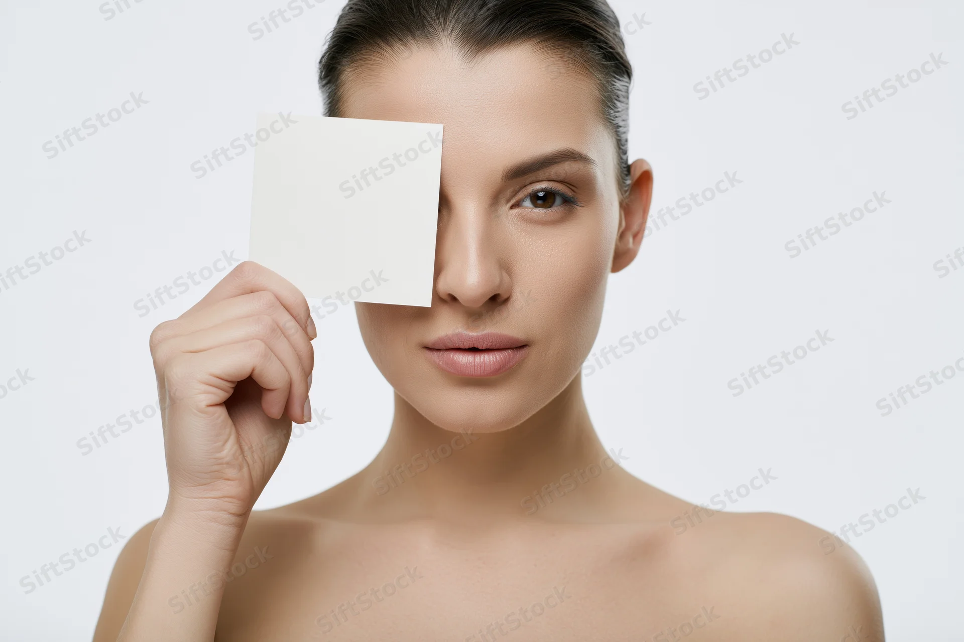 Young woman holding blank card over half her face in studio portrait