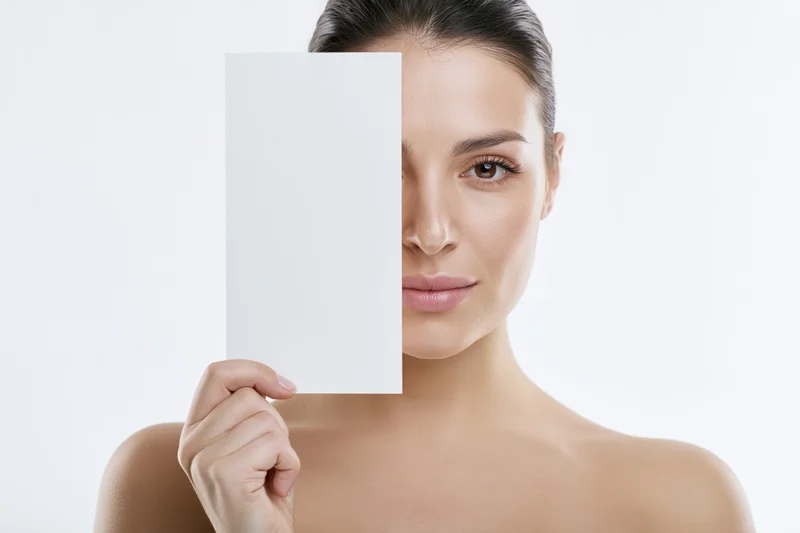Young woman holding blank white card over half her face in studio portrait