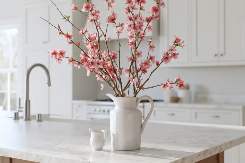 Pink blossoms in a white ceramic pitcher on a marble kitchen countertop