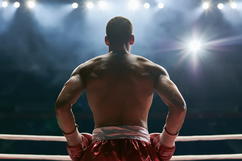 Male boxer standing with hands on hips in center of boxing ring under bright spotlights