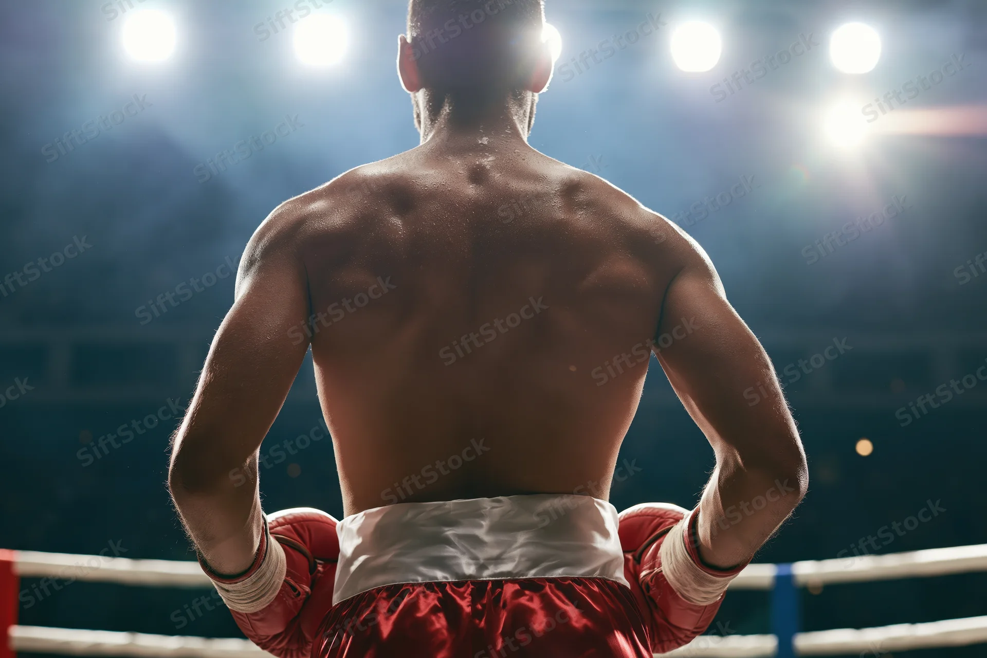 Male boxer standing with hands on hips in boxing ring under spotlights